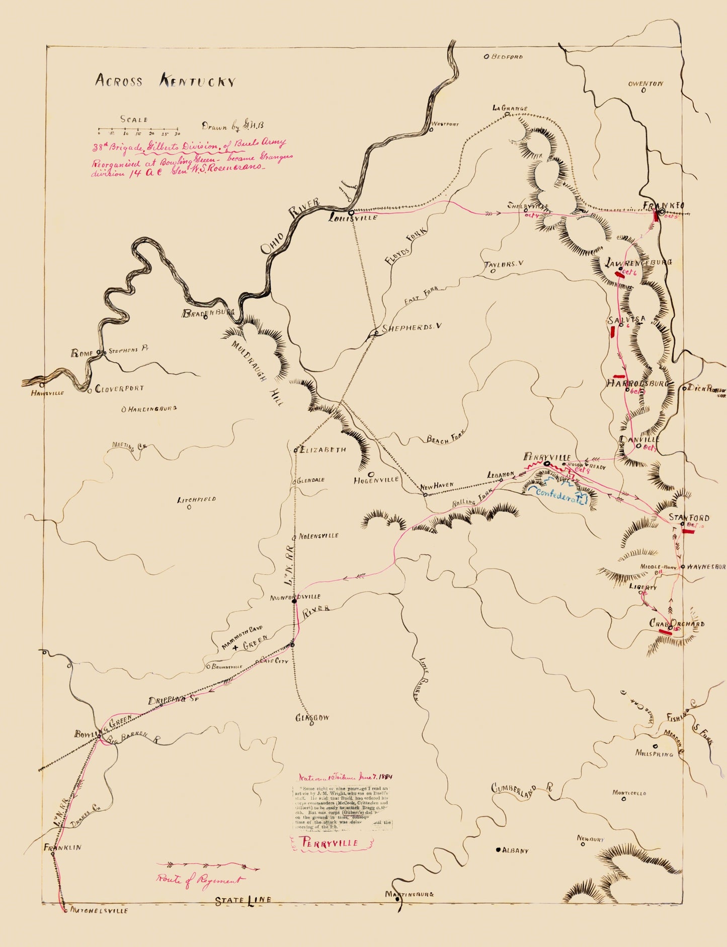 Historical Civil War Map - Kentucky 38th Brigade Gilberts Division - Blakeslee 1862 - 23 x 29.95 - Vintage Wall Art