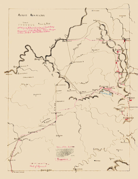 Historical Civil War Map - Kentucky 38th Brigade Gilberts Division - Blakeslee 1862 - 23 x 29.95 - Vintage Wall Art