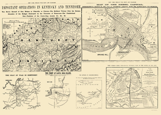 Historical Civil War Map - United States War Diagrams - Waters 1861 - 23 x 32.11 - Vintage Wall Art