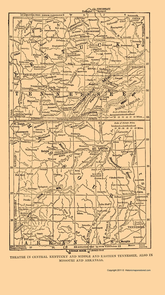 Historical Civil War Map - Kentucky Tennessee Missouri Arkansas - Plum 1882 - 23 x 40.99 - Vintage Wall Art