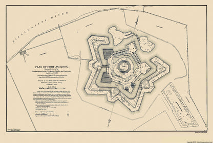 Historical Civil War Map - Fort Jackson Louisiana  - Bache 1862 - 23 x 34.30 - Vintage Wall Art