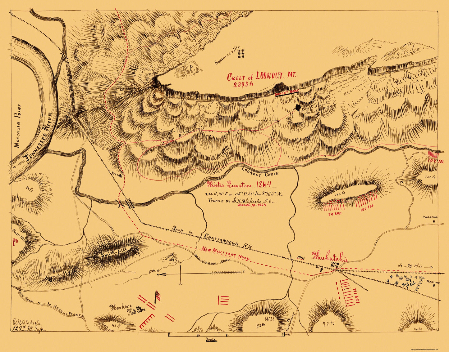 Historical Civil War Map - Lookout Mountain Tennessee Battle - Blakeslee 1864 - 29.31 x 23 - Vintage Wall Art