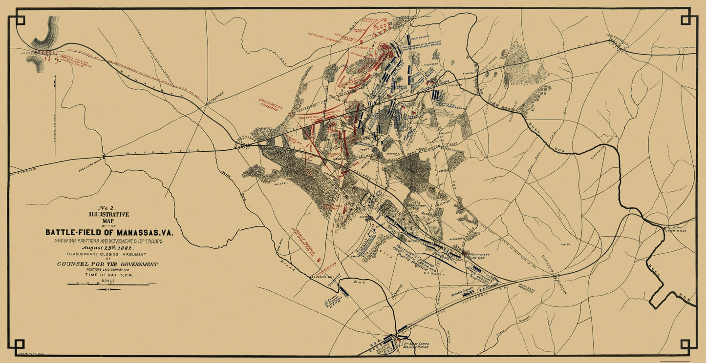 Historical Civil War Map - Manassas Virginia Battlefield - Ripley 1862 - 44.69 x 23 - Vintage Wall Art