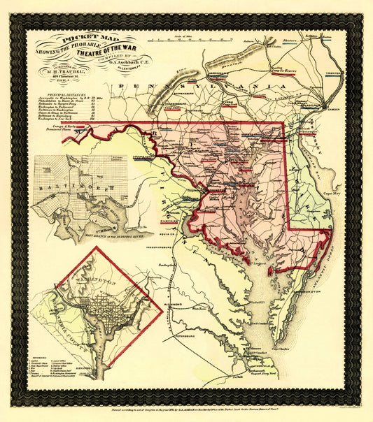 Historical Civil War Map - Maryland Theatre - Traubel 1861 - 23 x 26.06 - Vintage Wall Art