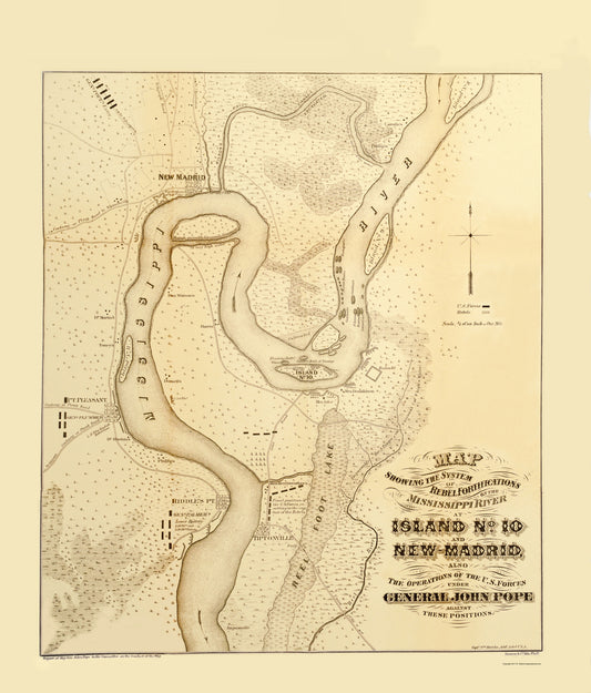 Historical Civil War Map - Mississippi River Island Number 10 New Madrid - Hoelcke 1862 - 23 x 26.96 - Vintage Wall Art