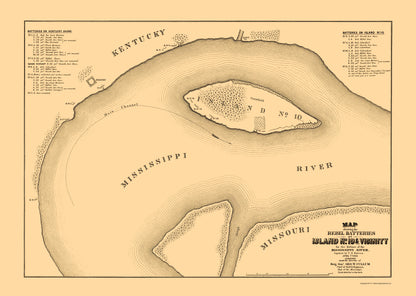 Historical Civil War Map - Rebel Batteries Island Number 10 Vicinity - Cullum 1895 - 23 x 32.36 - Vintage Wall Art