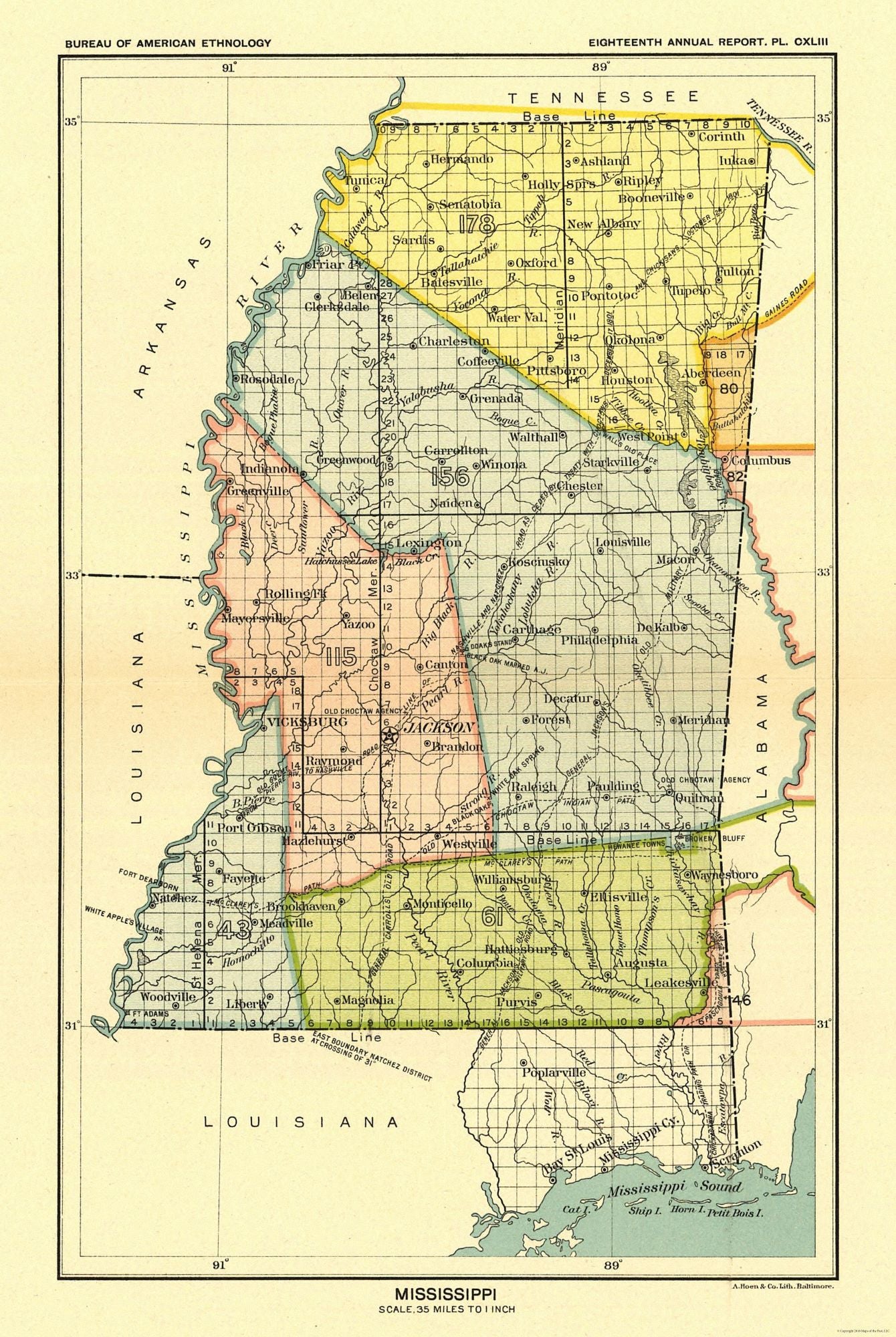 Historic State Map - Mississippi - Hoen 1896 - 23 x 34.32 - Vintage Wall Art