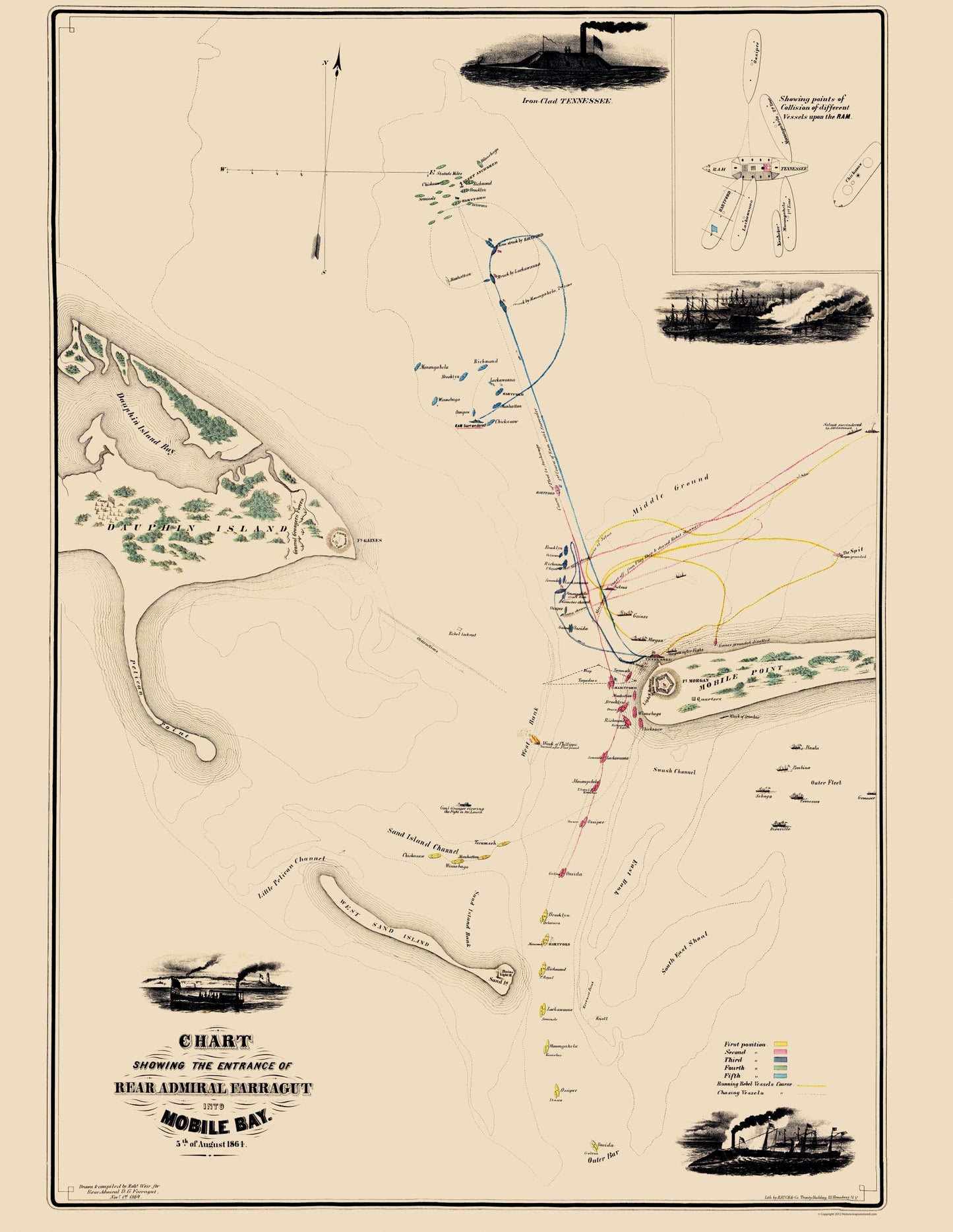 Historical Civil War Map - Mobile Bay Admiral Farragut Entrance  - Weir 1864 - 23 x 29.72 - Vintage Wall Art