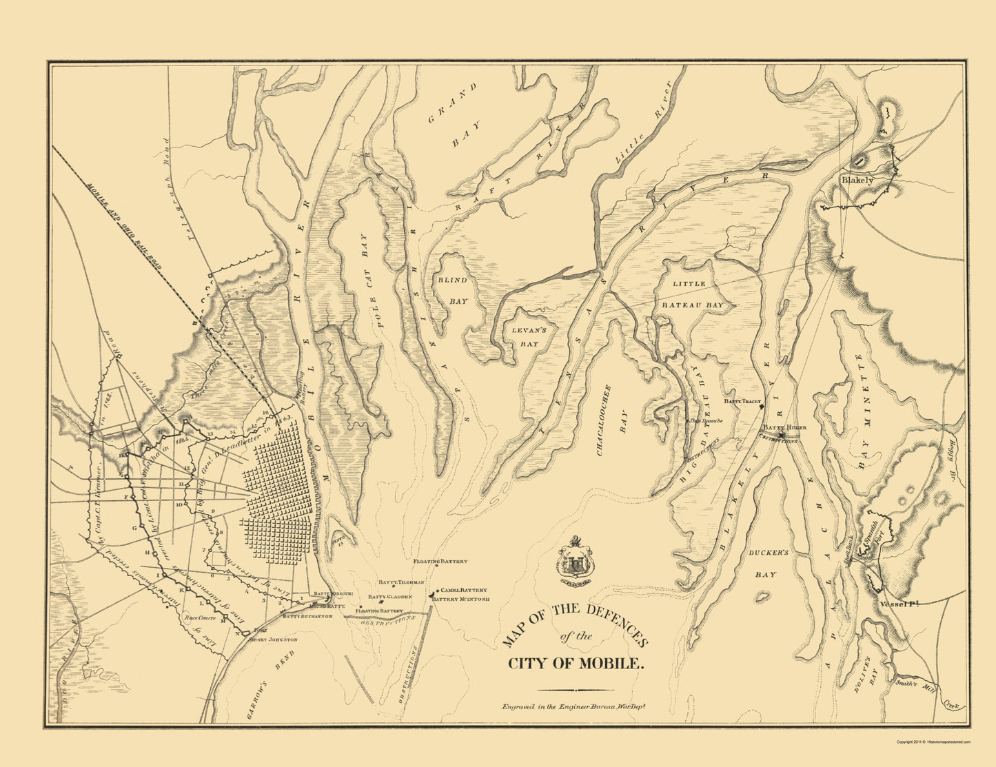 Historical Civil War Map - Mobile Alabama Defences - Bowen 1866 - 23 x 29.86 - Vintage Wall Art