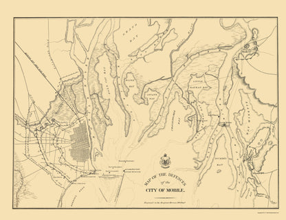 Historical Civil War Map - Mobile Alabama Defences - Bowen 1866 - 23 x 29.86 - Vintage Wall Art