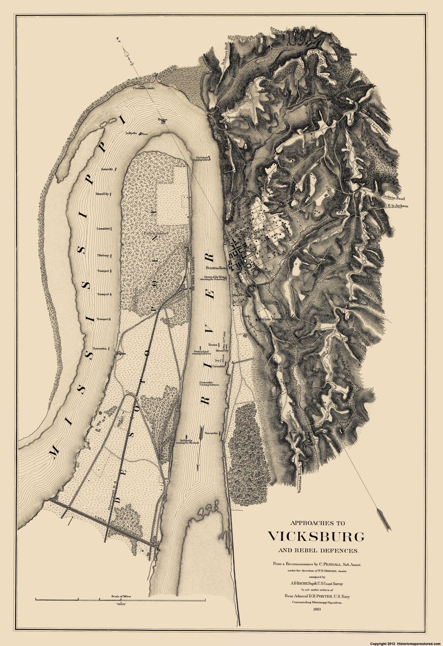 Historical Civil War Map - Vicksburg Approaches Rebel Defences - Bache 1863 - 23 x 33.52 - Vintage Wall Art