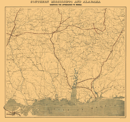 Historical Civil War Map - Mississippi Southern Mobile Alabama Approaches - Bache 1863 - 23 x 24.47 - Vintage Wall Art