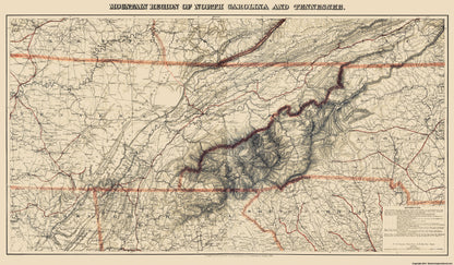 Historical Civil War Map - North Carolina Tennessee Mountain Region - Bache 1865 - 23 x 39.36 - Vintage Wall Art