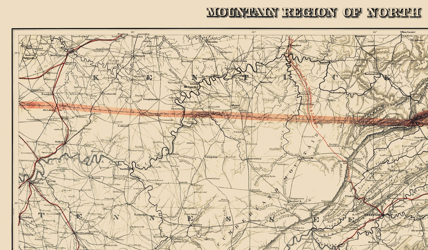 Historical Civil War Map - North Carolina Tennessee Mountain Region - Bache 1865 - 23 x 39.36 - Vintage Wall Art