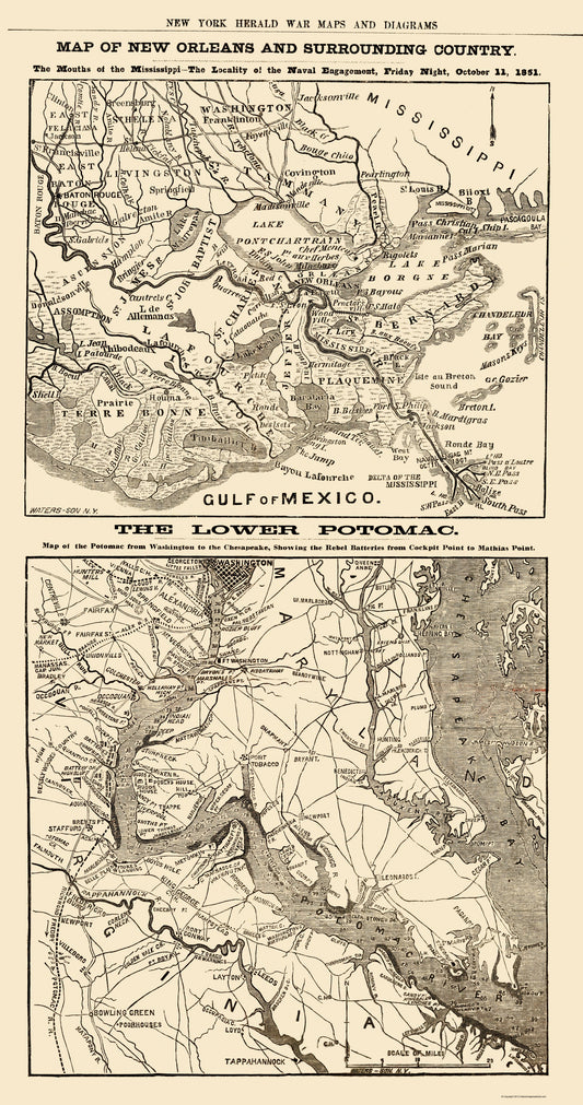 Historical Civil War Map - New Orleans Louisiana Lower Potomac River - Waters 1861 - 23 x 43.61 - Vintage Wall Art