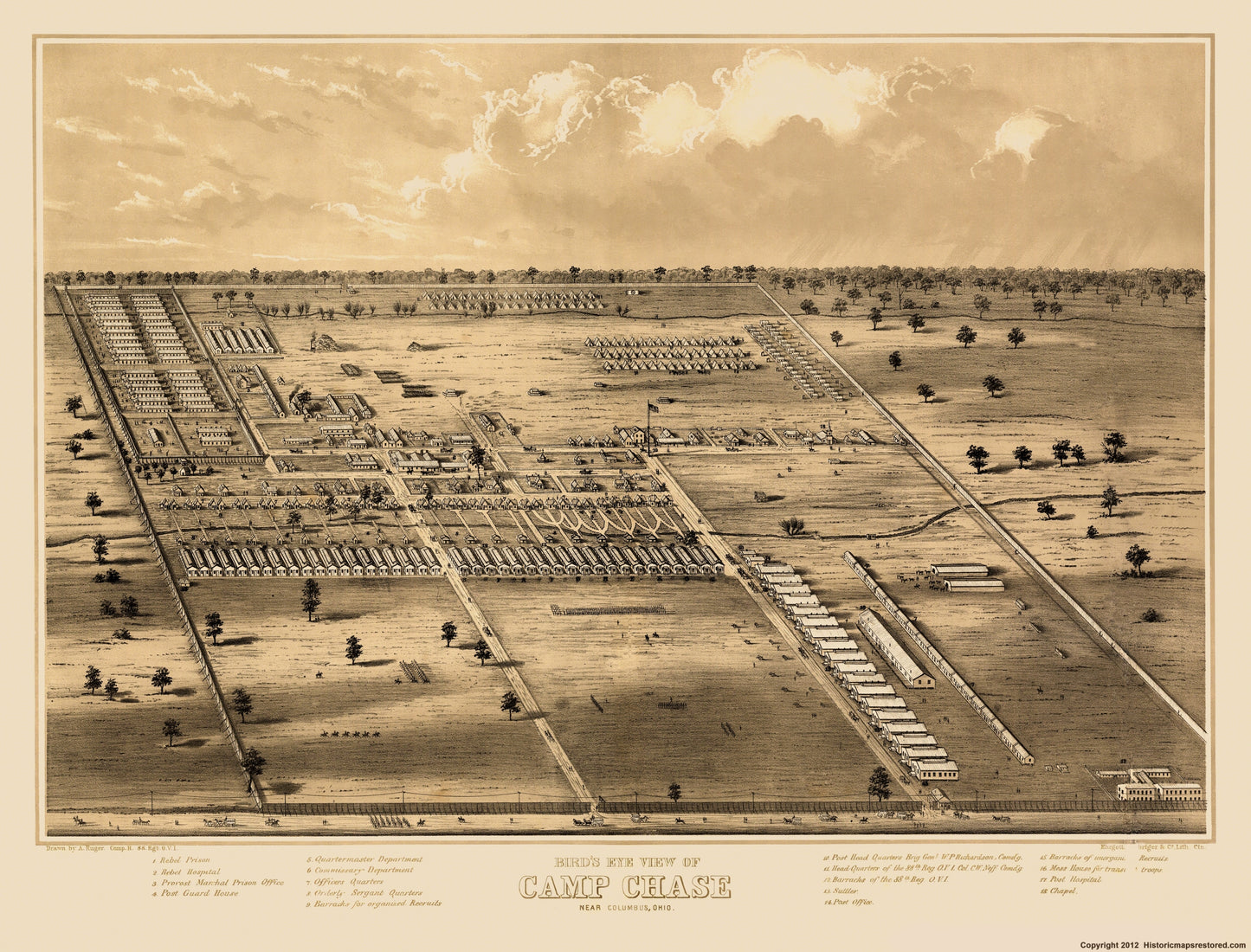 Historical Civil War Map - Columbus Ohio Camp Chase - Ruger 1860 - 23 x 30.22 - Vintage Wall Art