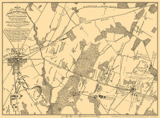 Historical Civil War Map - New York Tenth Cavalry Gettysburg- Stuart 1863 - 31 x 23 - Vintage Wall Art