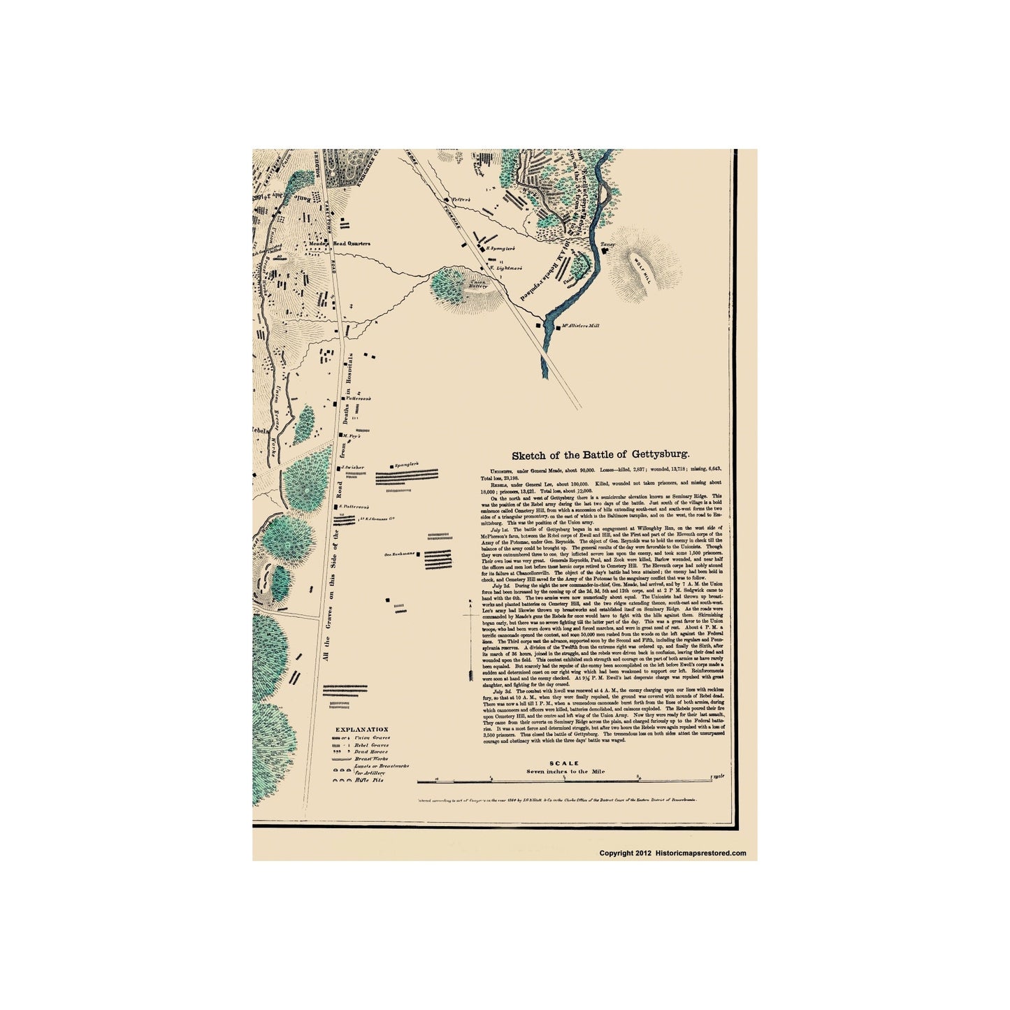 Historical Civil War Map - Gettysburg Pennsylvania Battlefield - Lloyd 1864 - 23 x 32.43 - Vintage Wall Art