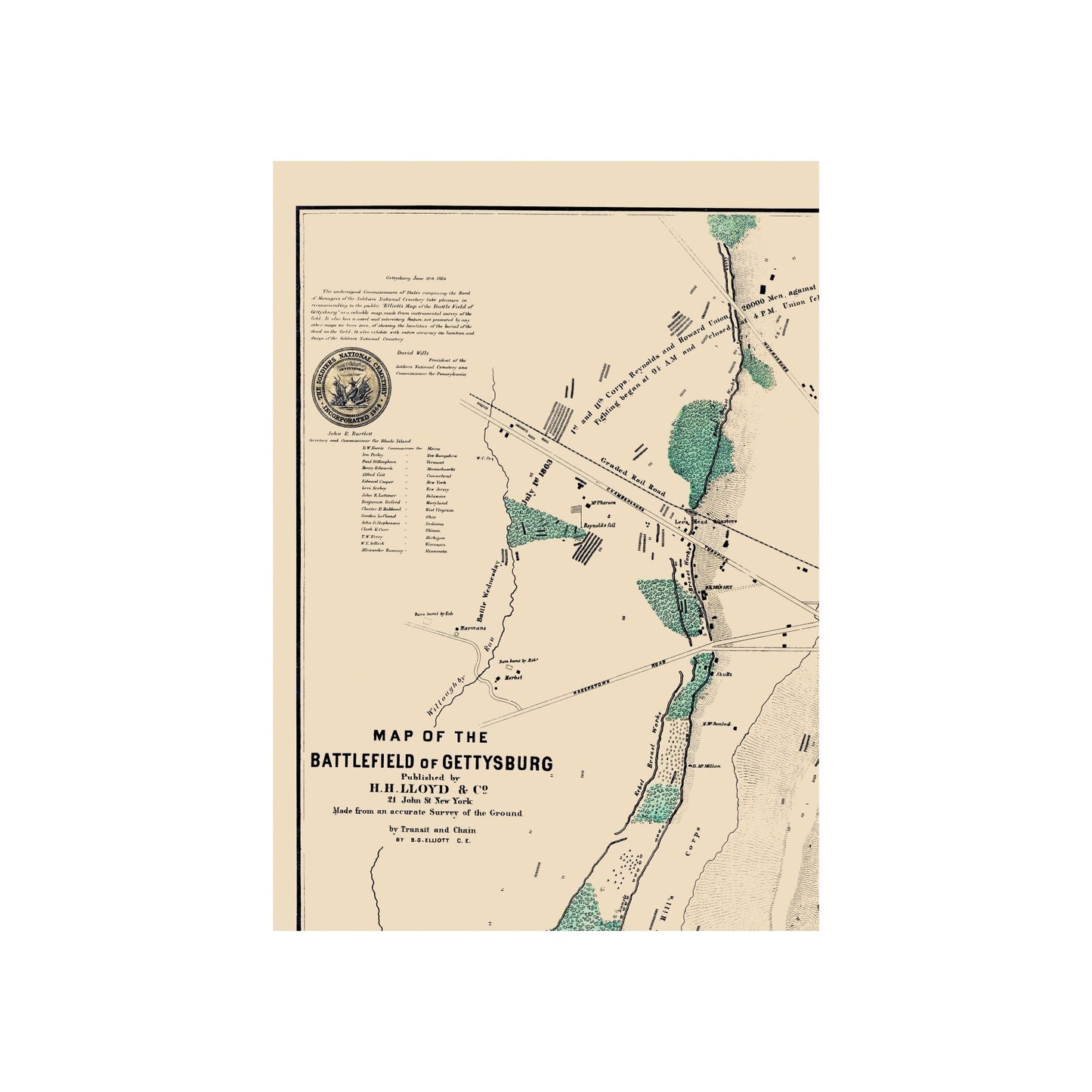 Historical Civil War Map - Gettysburg Pennsylvania Battlefield - Lloyd 1864 - 23 x 32.43 - Vintage Wall Art