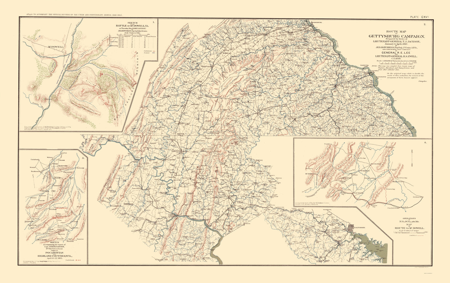 Historical Civil War Map - Route Battle Scout Sketches  - Hotchkiss 1895 - 23 x 36.66 - Vintage Wall Art