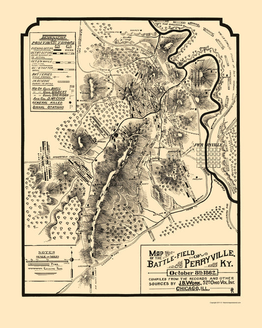 Historical Civil War Map - Perryville Kentucky Battlefield - Work 1882 - 23 x 28.76 - Vintage Wall Art