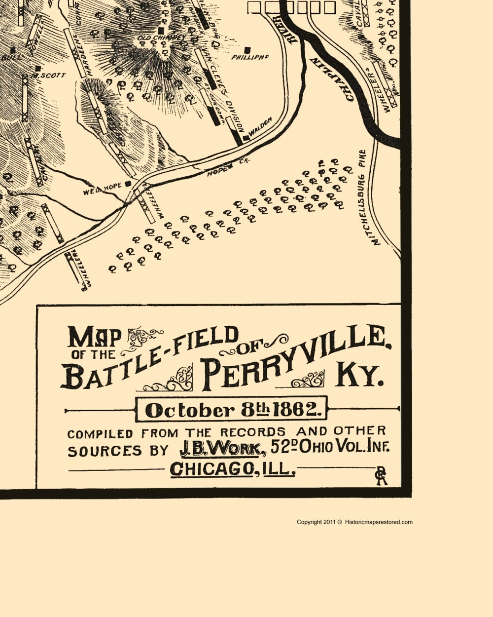 Historical Civil War Map - Perryville Kentucky Battlefield - Work 1882 - 23 x 28.76 - Vintage Wall Art