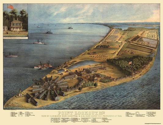 Historical Civil War Map - Point Lookout Maryland - Everett 1863 - 30 x 23 - Vintage Wall Art