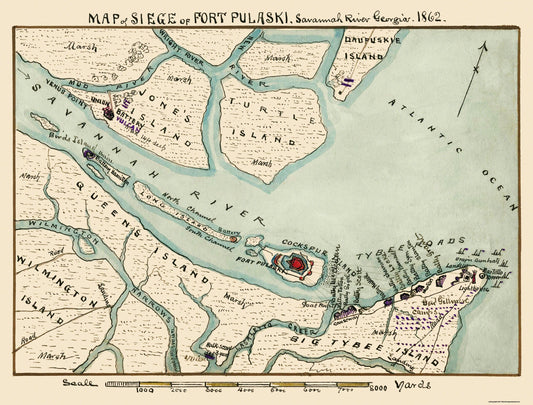 Historical Civil War Map - Fort Pulaski Savannah River Georgia Siege - Sneden 1862 - 30.25 x 23 - Vintage Wall Art