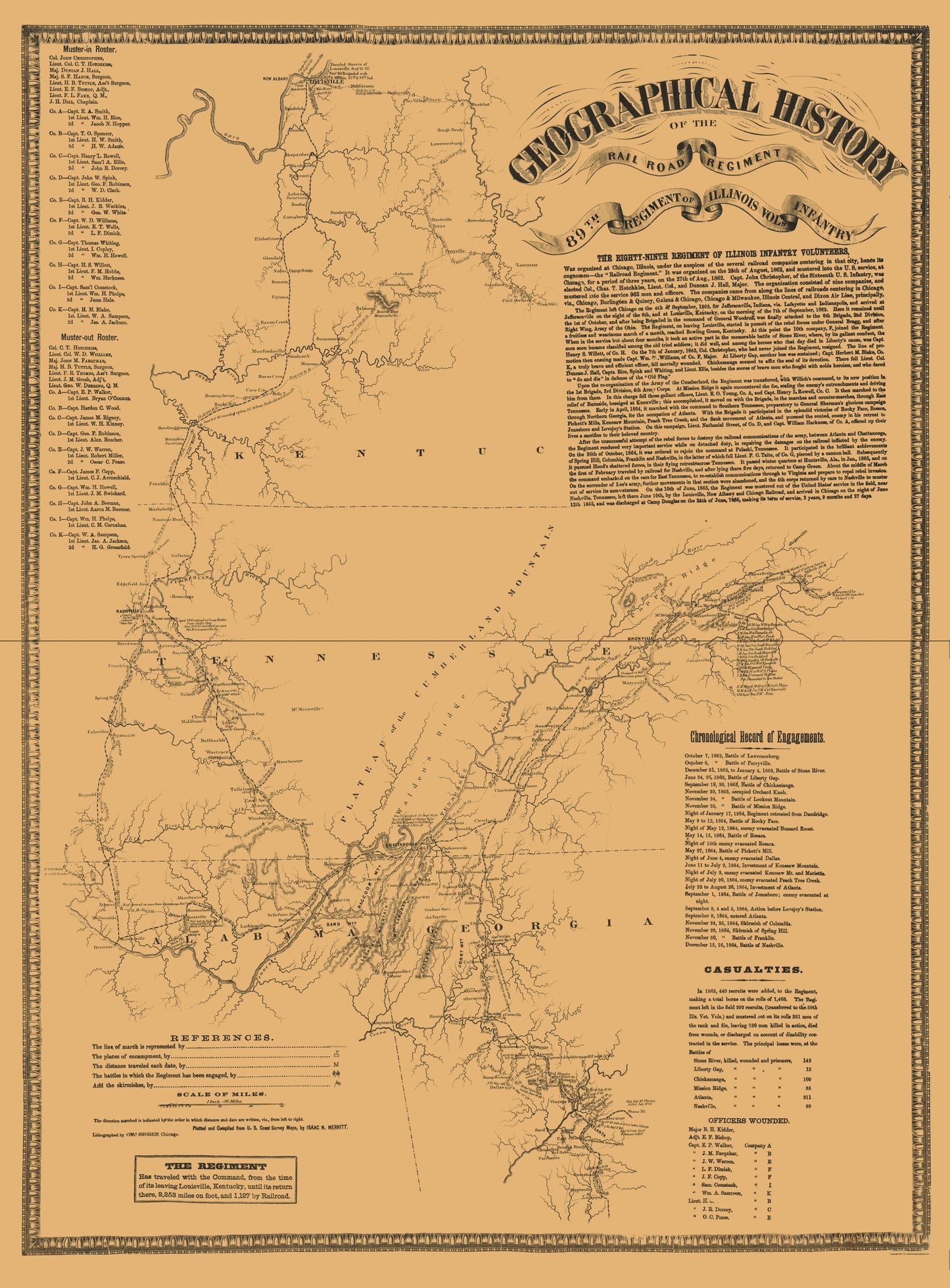 Historical Civil War Map - 89th Regiment Railroad - Shober 1860 - 23 x 31.17 - Vintage Wall Art