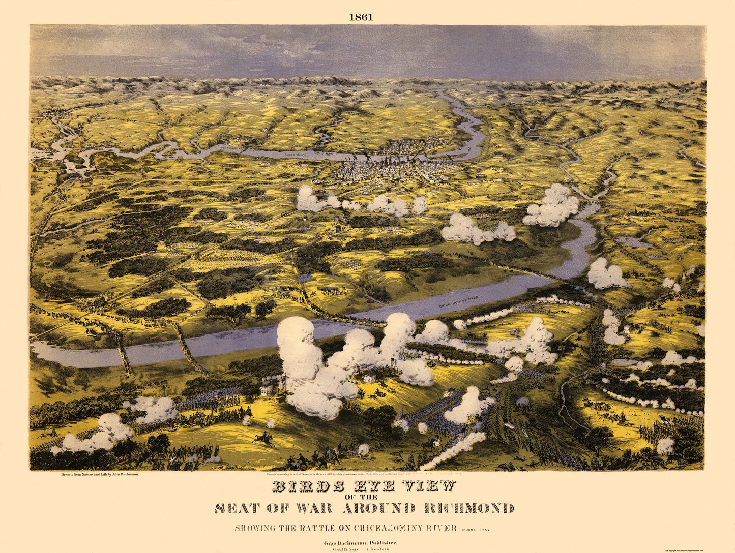 Historical Civil War Map - Richmond Virginia Vicinity- Bachmann 1861 - 30.56 x 23 - Vintage Wall Art
