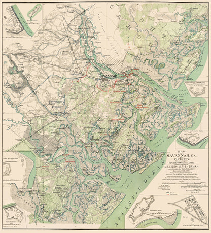 Historical Civil War Map - Savannah Georgia Vicinity Battles - Sherman 1864 - 23 x 25.38 - Vintage Wall Art