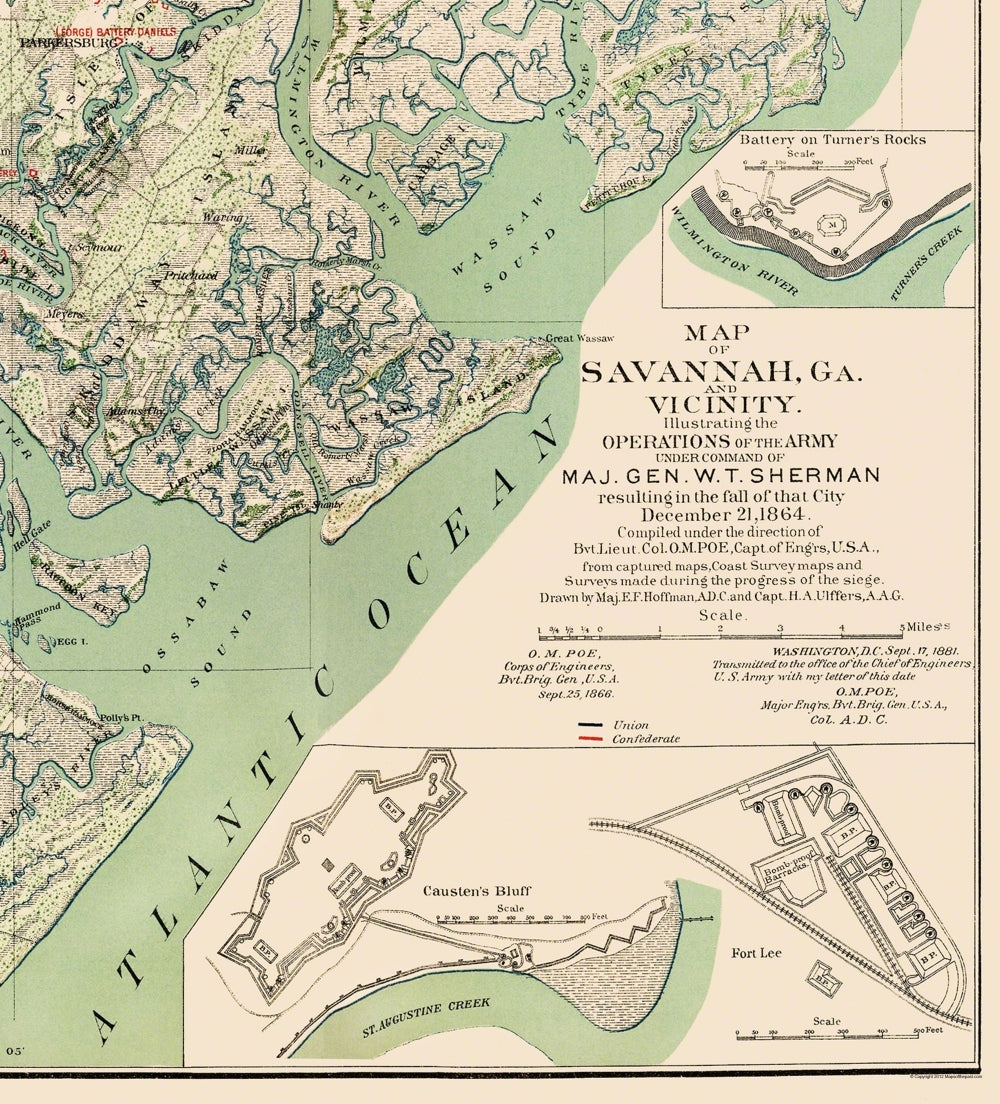 Map of Savannah, GA showing Civil War operations - 1864. NOT A POSTER buy High Quality Art Print Vivid Colorful Civil War Historic Map Print.