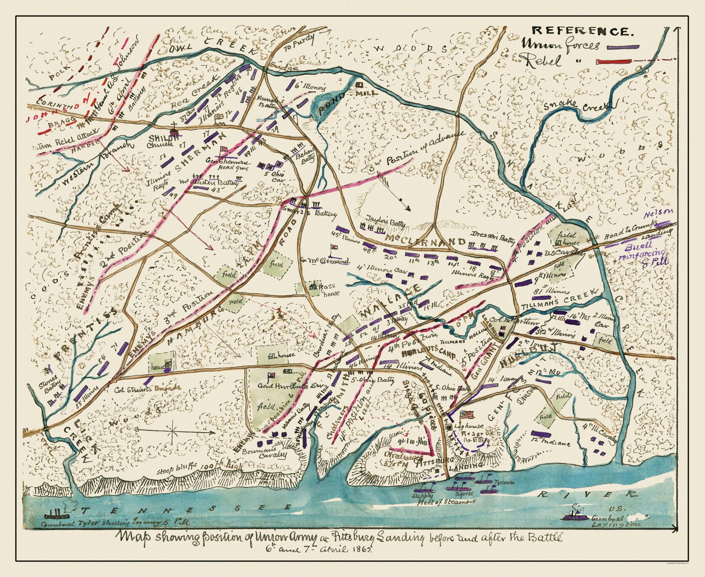 Historical Civil War Map - Shiloh Tennessee Battlefield - Sneden 1862 ...