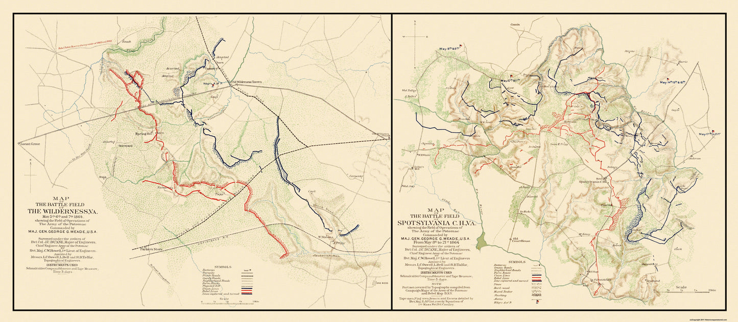 Historical Civil War Map - Spotsylvania Wilderness Battlefields - 1864 - 52.69 x 23 - Vintage Wall Art