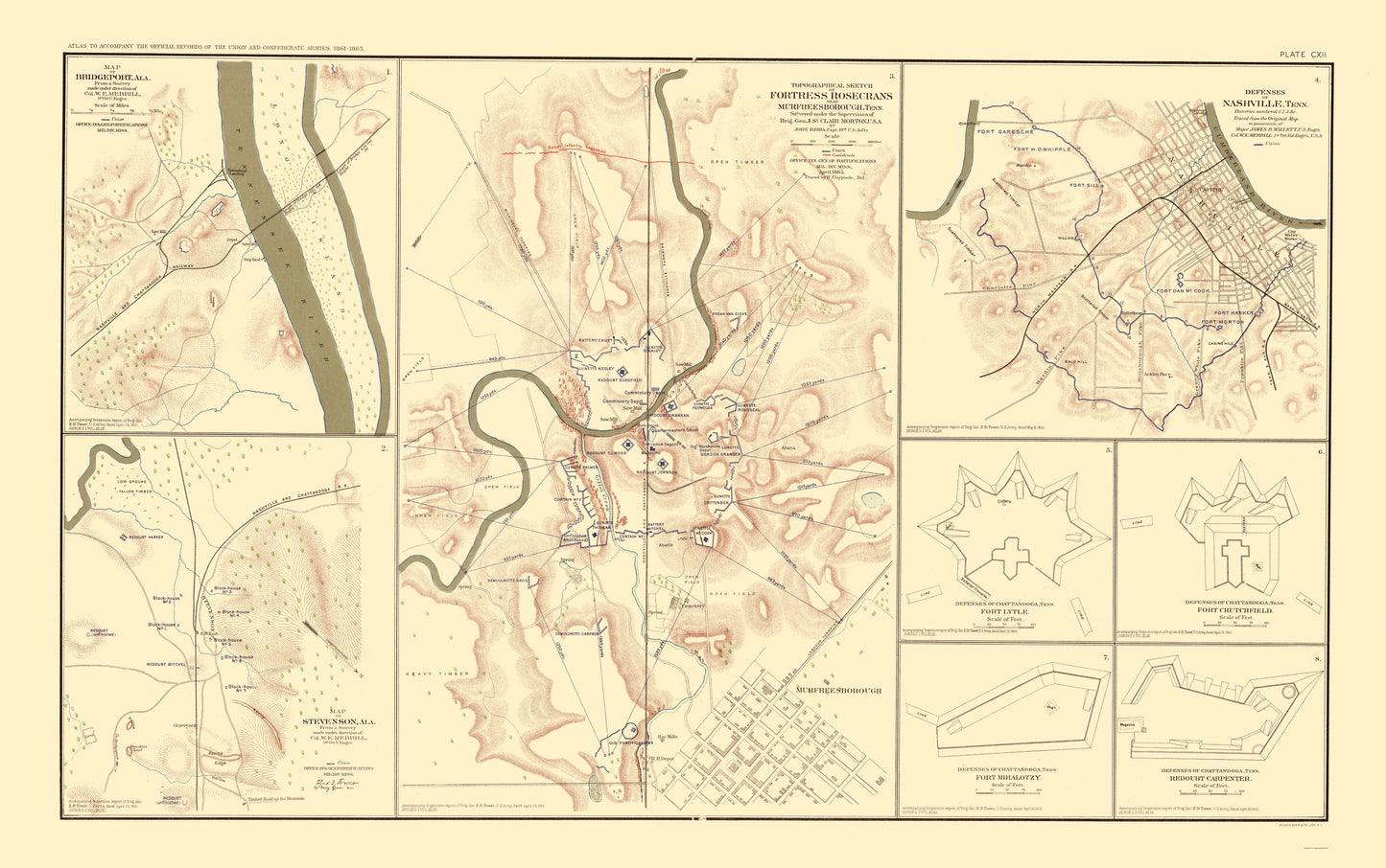 Historical Civil War Map - Tennessee Alabama Defenses Forts - Bien 1895 - 23 x 36.69 - Vintage Wall Art