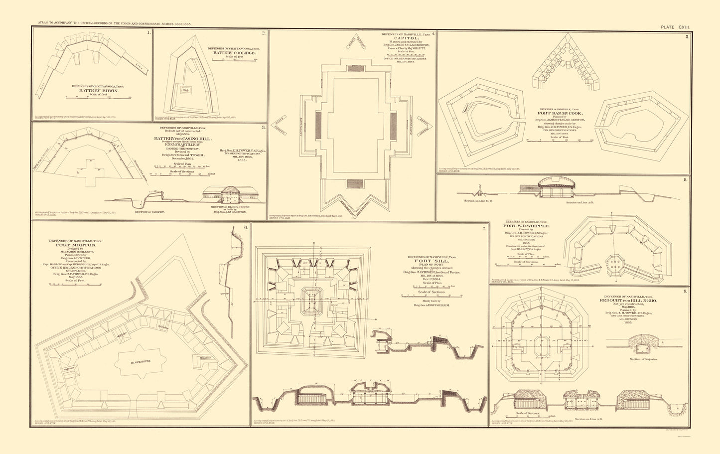 Historical Civil War Map - Chattanooga Nashville Tennessee Defenses - Bien 1895 - 23 x 36.5 - Vintage Wall Art