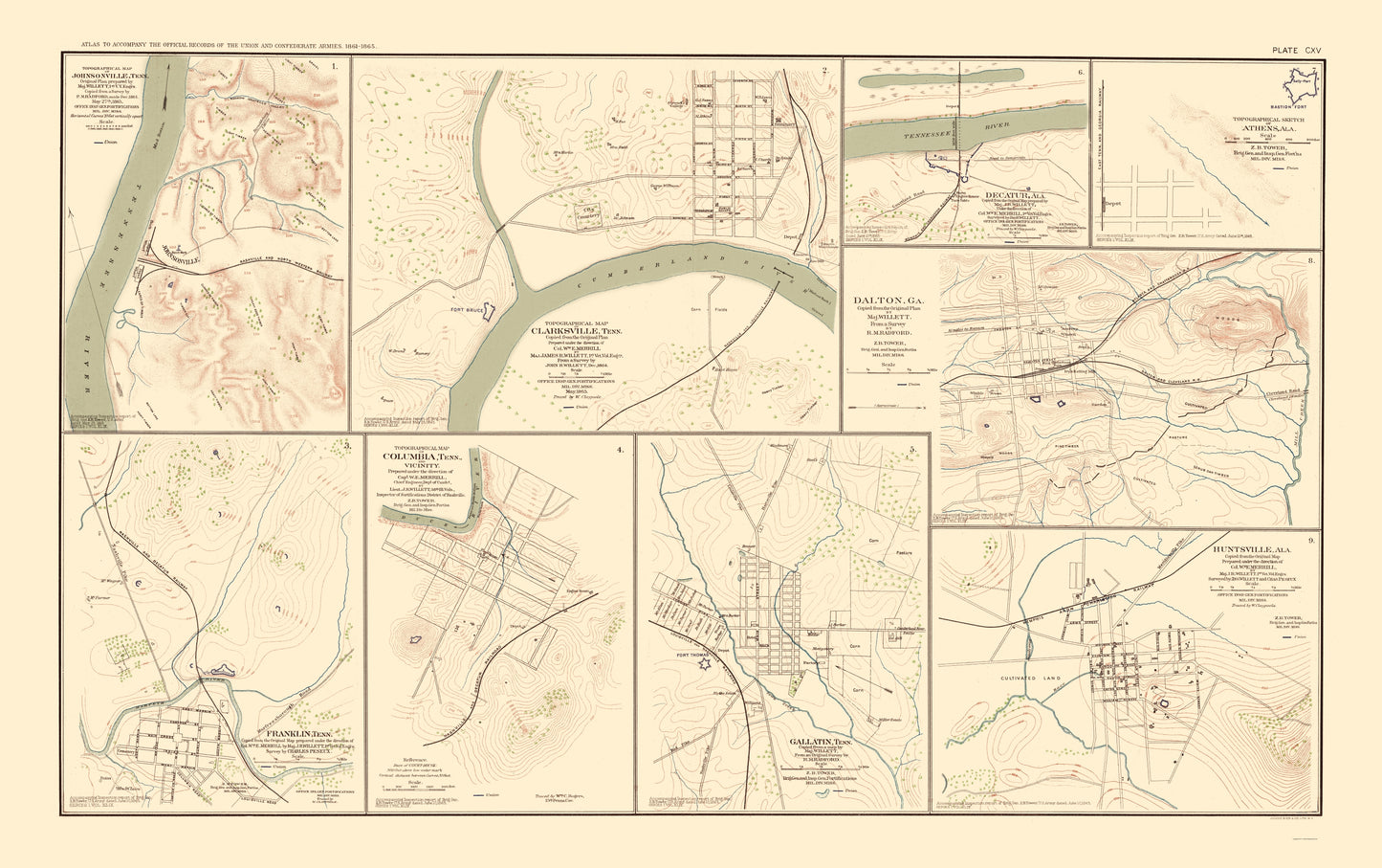 Historical Civil War Map - Tennessee Alabama Georgia Cities - Bien 1895 - 23 x 36.66 - Vintage Wall Art