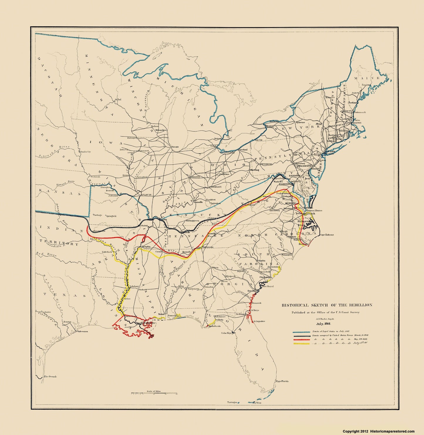 Historical Civil War Map - Rebellion Historical Sketch July - Bache 1862 - 23 x 23.60 - Vintage Wall Art