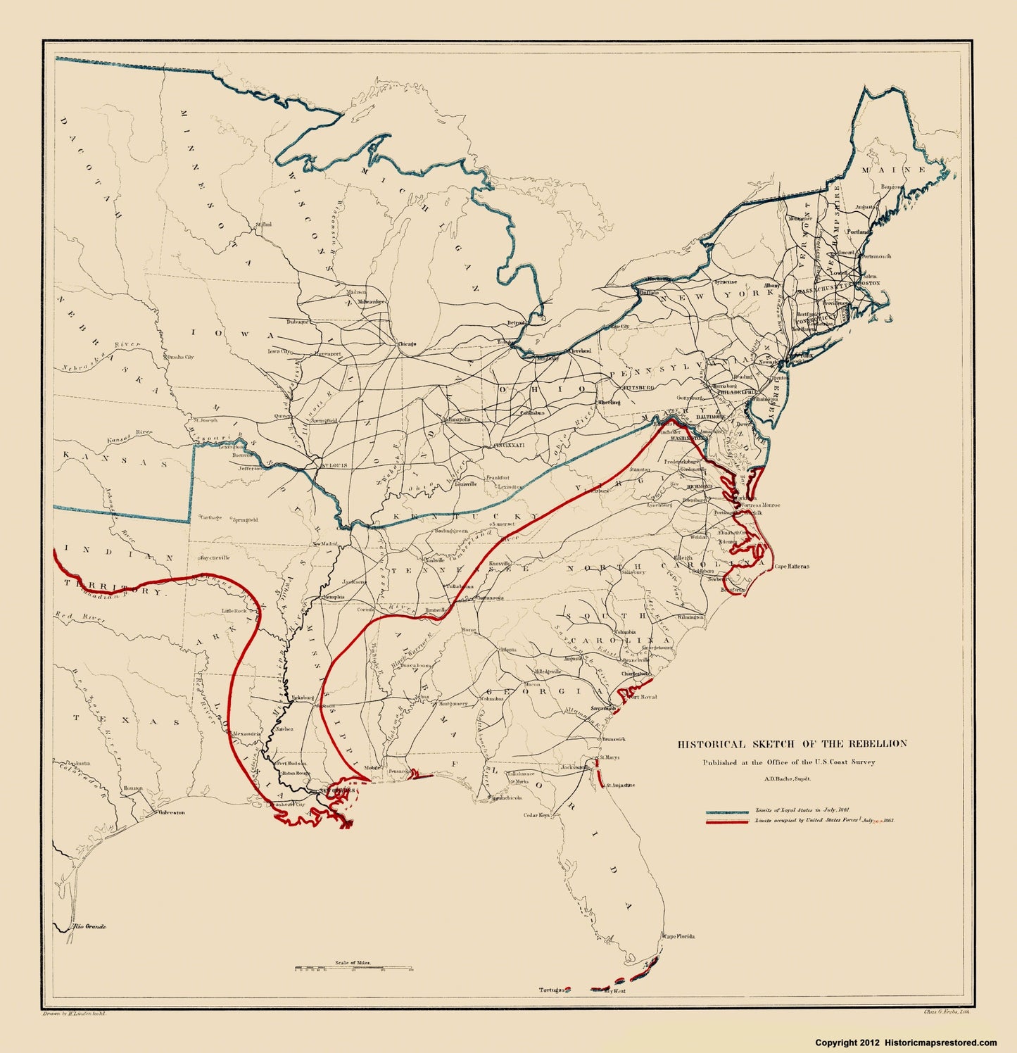 Historical Civil War Map - United Eastern States Rebellion - Bache 1863 - 23 x 23.82 - Vintage Wall Art