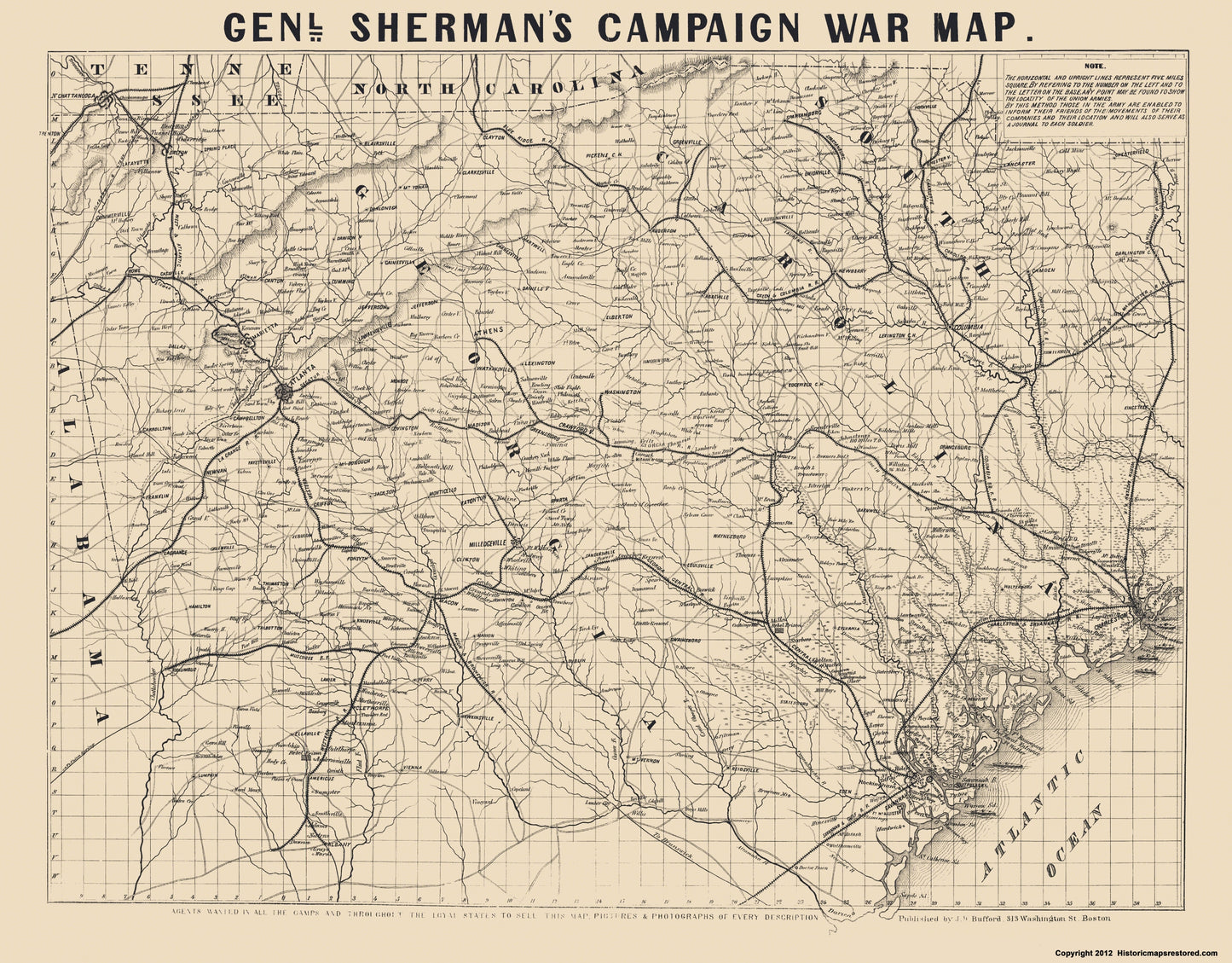 Historical Civil War Map - General Shermans Campaign  - Bufford 1860 - 23 x 29.43 - Vintage Wall Art