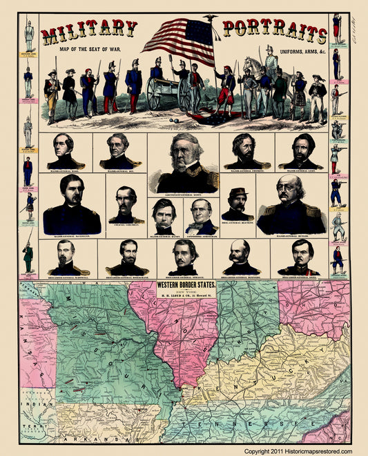 Historical Civil War Map - Western Border States Military Portraits - Lloyd 1861 - 23 x 28.54 - Vintage Wall Art