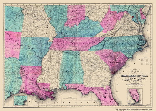 Historical Civil War Map - American Conflict Theatre- Case 1865 - 23 x 32.14 - Vintage Wall Art