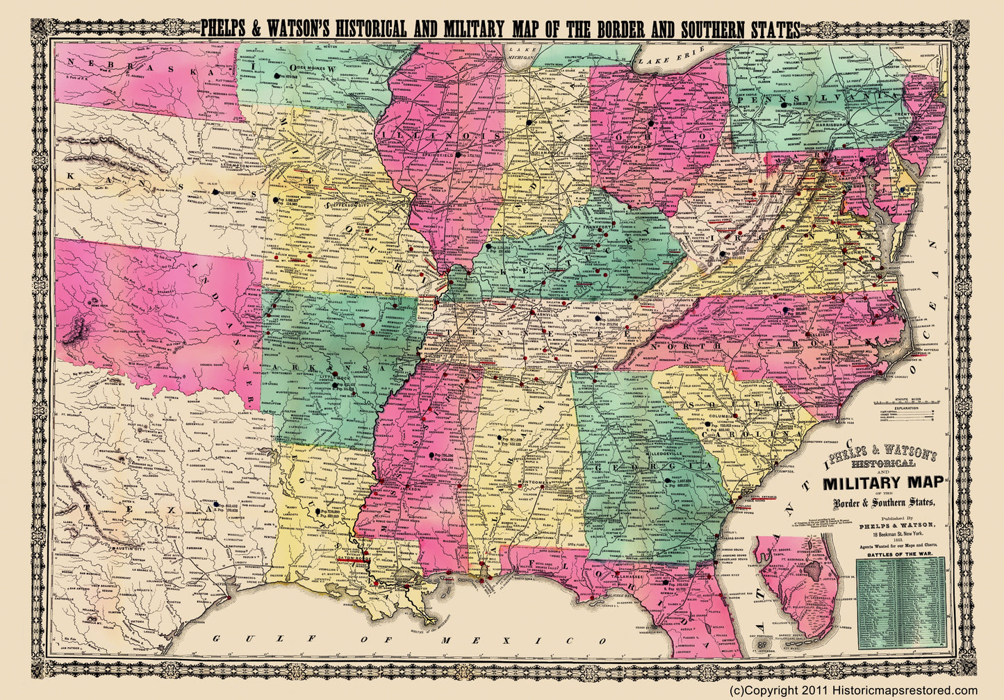 Historical Civil War Map - Military Border Southern States - Phelps 1863 - 23 x 32.96 - Vintage Wall Art