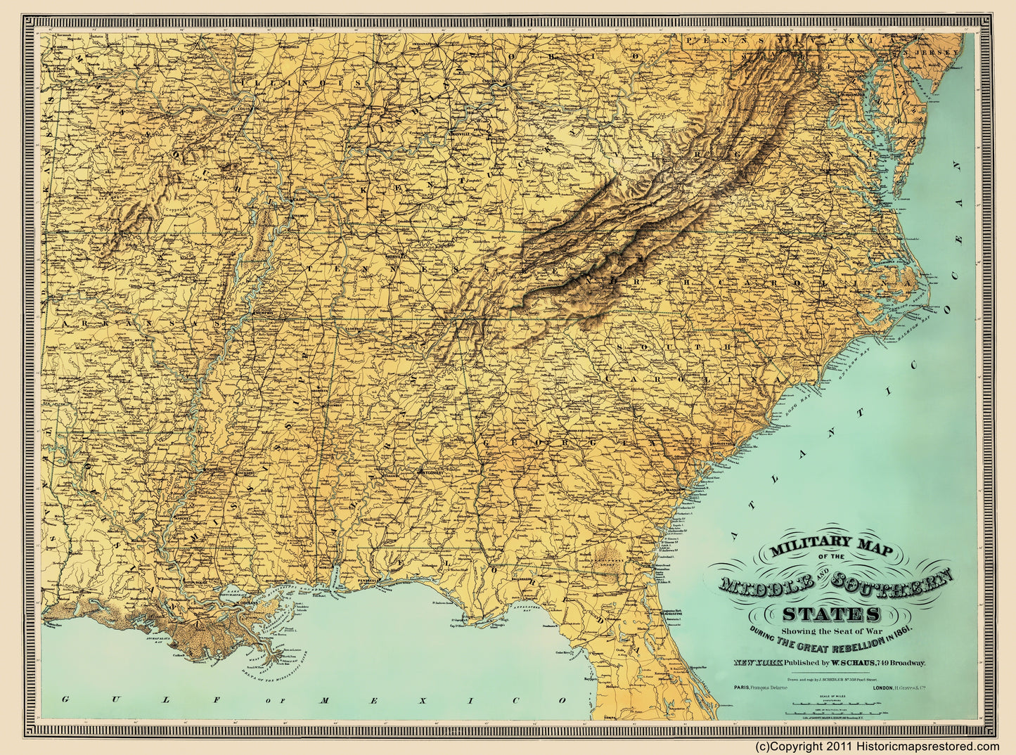 Historical Civil War Map - United States Middle Southern Theatre - Schaus 1861 - 23 x 30.95 - Vintage Wall Art