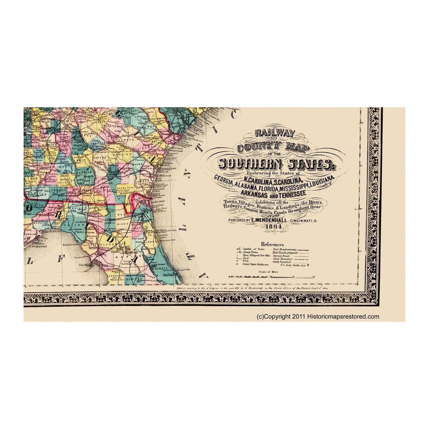 Historical Civil War Map - Southern States Railway - Mendenhall 1864 - 23 x 40.94 - Vintage Wall Art