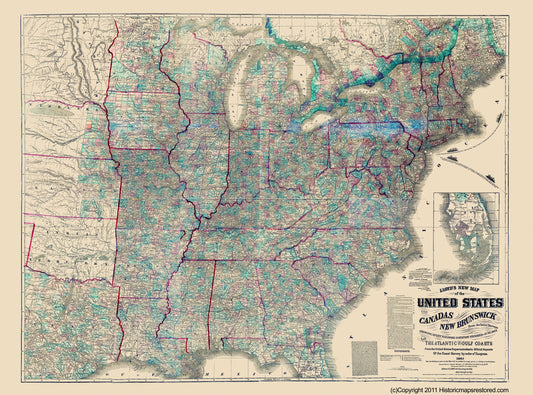 Historical Civil War Map - Canada New Brunswick  Atlantic Gulf Coasts - Lloyd 1863 - 23 x 31.05 - Vintage Wall Art