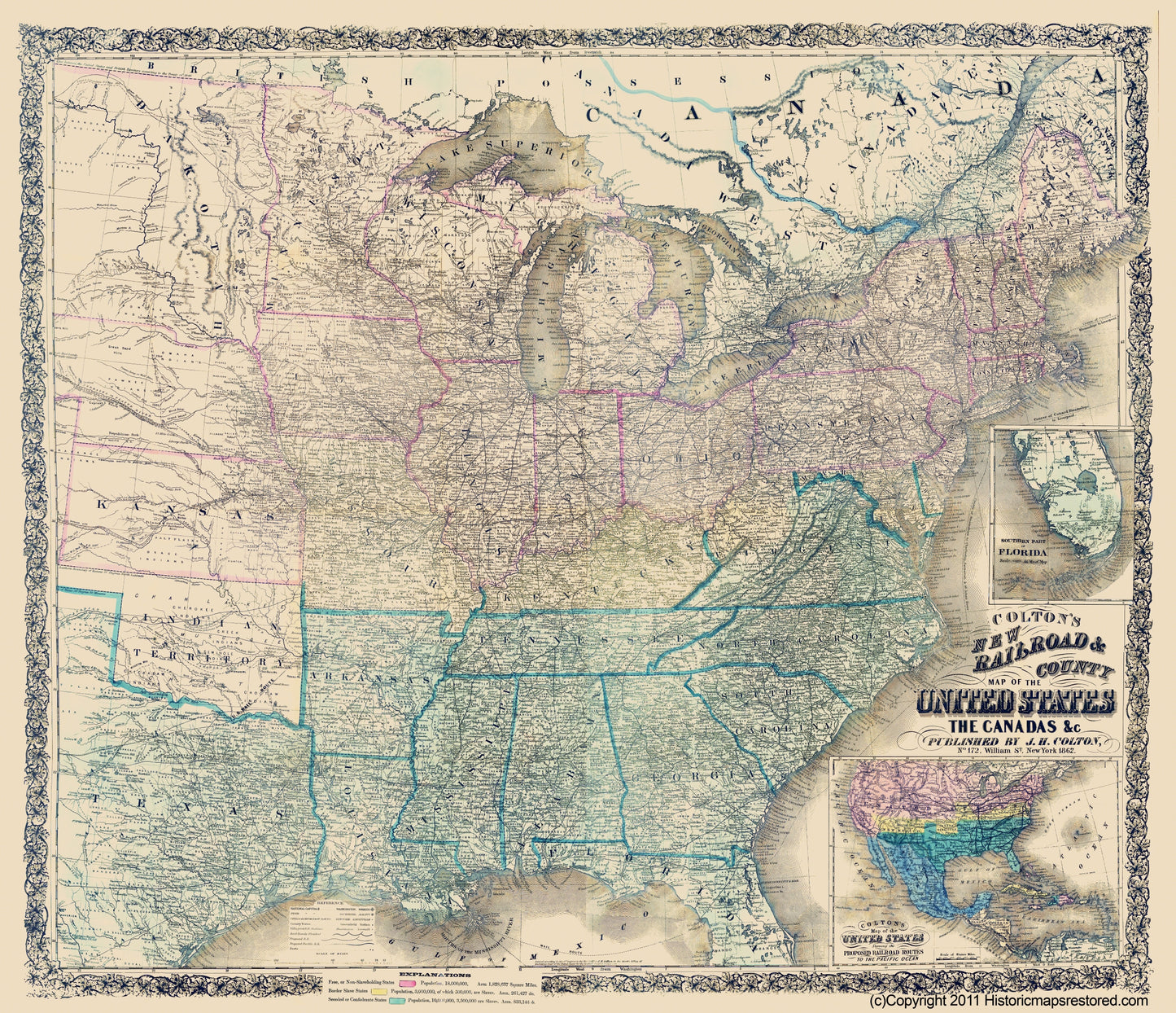 Historical Civil War Map - United States Canadas Railroad - Colton 1862 - 23 x 26.71 - Vintage Wall Art