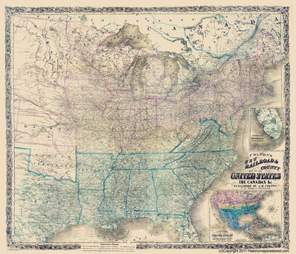 Historical Civil War Map - United States Canadas Railroad - Colton 1862 - 23 x 26.71 - Vintage Wall Art