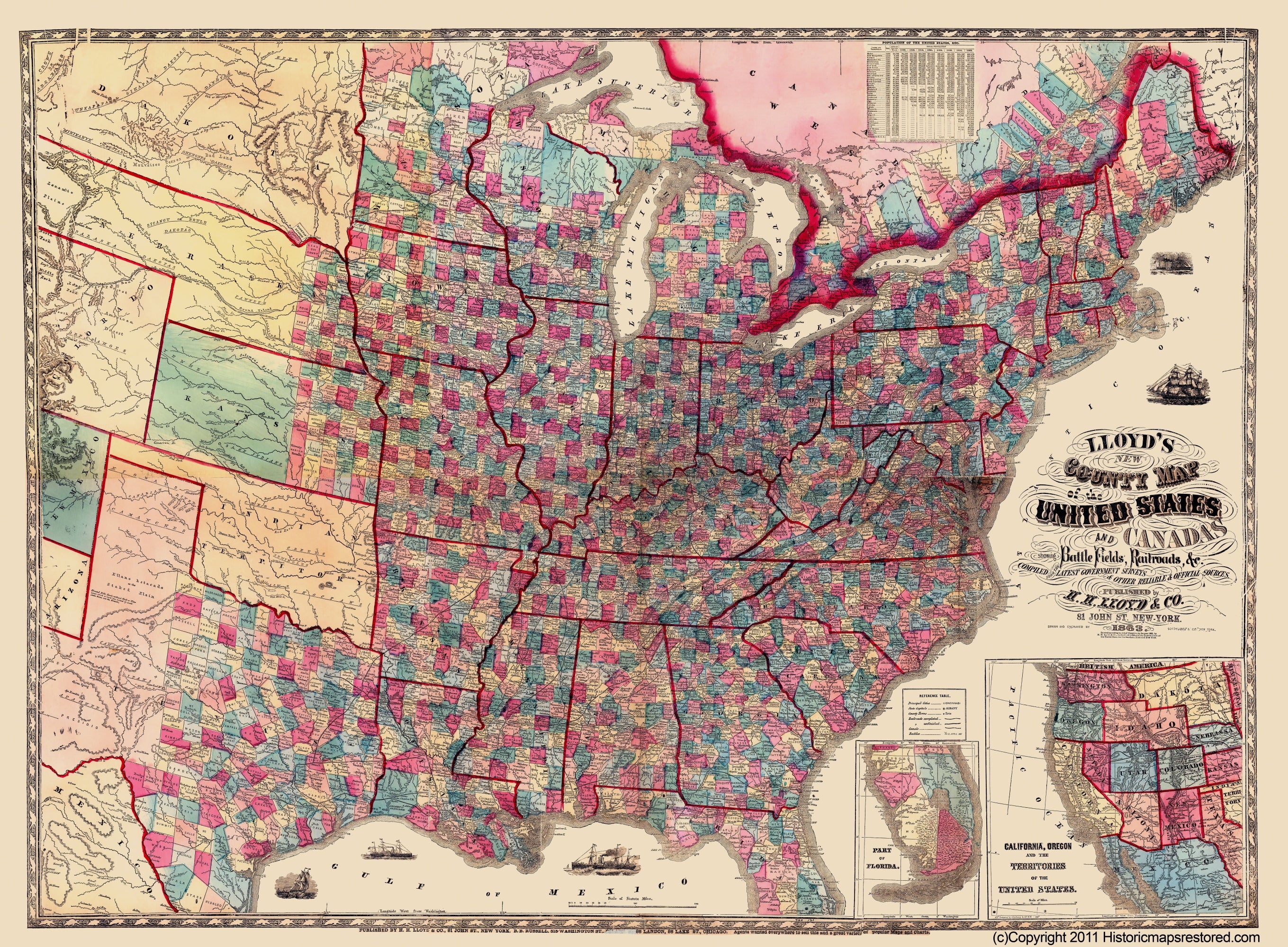 Upstate Battlefields Map Historical Civil War Map - United States Canada Showing Battlefields R ...