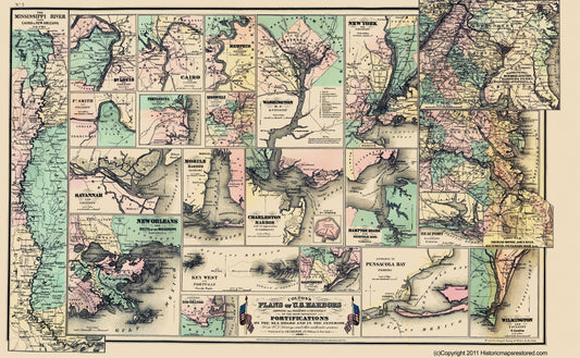 Historical Civil War Map - United States Harbors Fort Seaboard Interior - Colton 1862 - 23 x 37.31 - Vintage Wall Art